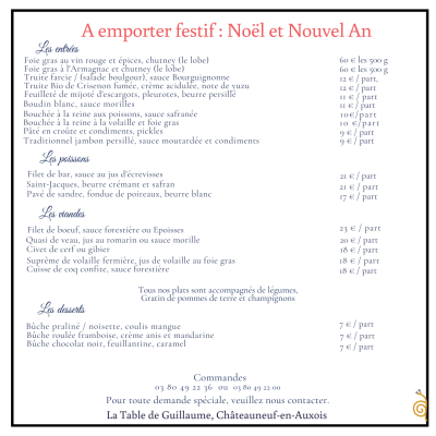 Menu de fêtes à emporter · Restaurant de Guillaume Royer